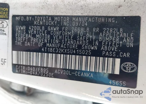 2005 Toyota Camry Le z USA, uszkodzony, nr VIN 4T1BE32KX5U415025